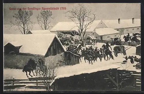 AK Kolossal-Rundgemälde von A. Hoffmann, Sendlinger Bauernschlacht 1705, Soldaten stürmen ein Gehöft