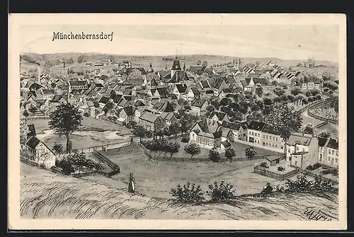 Künstler-AK sign. Hans Pernat: Münchenbernsdorf, Ortsansicht aus der Vogelschau