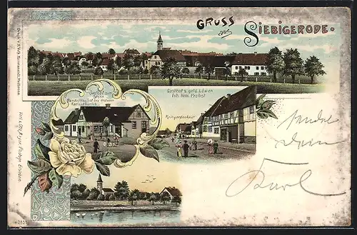 Lithographie Siebigerode, Gasthof z. gold. Löwen mit Kriegerdenkmal