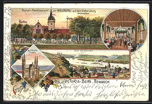 Lithographie Remagen, Hotel-Restaurant zur Waldburg, Inneres Saal, Apollinaris-Kirche