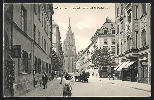 AK München, Landwehrstrasse mit St. Paulskirche, Schuhmacher Philipp Schanz