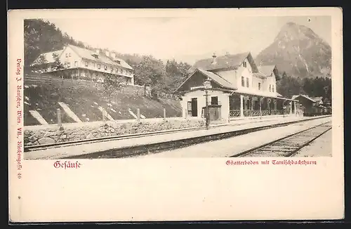AK Gstatterboden, Hotel Gesäuse mit Bahnhof und Tamischbachthurm