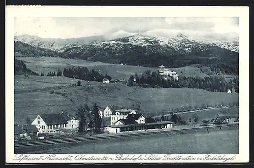 AK Neumarkt, Oberstein, Bahnhof und Schloss Forchtenstein mit Ziebitzkogel aus der Vogelschau