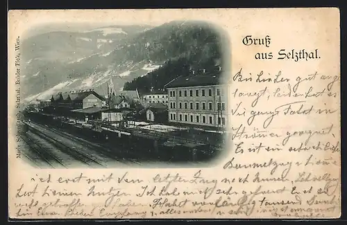 AK Selzthal, Bahnhof mit Kirche und Bergen aus der Vogelschau