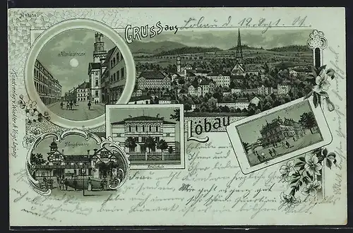 Mondschein-Lithographie Löbau, Realschule, Nicolaistrasse, Honigbrunnen