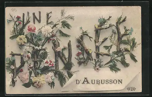 AK Aubusson, Une Pensée, Buchstaben aus Zweigen