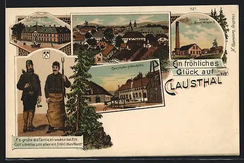 Künstler-AK Clausthal, Clausthaler Silberhütte, Schacht Kaiser Wilhelm II., Oberbergamt