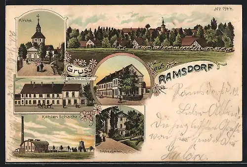Lithographie Ramsdorf, Gasthof, Kohlen Schacht, Schlossgarten, Kirche