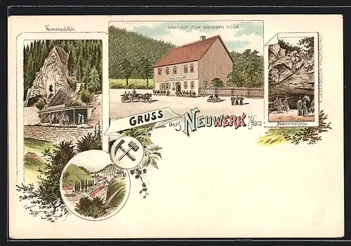 Lithographie Neuwerk i. Harz, Gasthof zum weissen Ross, Baumannshöhle, Steinbruch