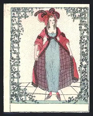 Künstler-Tischkarte Wiener Werkstätte Nr. 694: Dame in gepunktetem Kleid mit Mantel und Hut