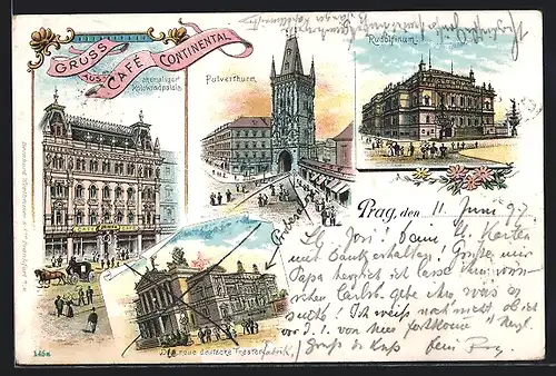 Lithographie Prag / Praha, Café Continental, Pulverthurm, neues deutsches Theater