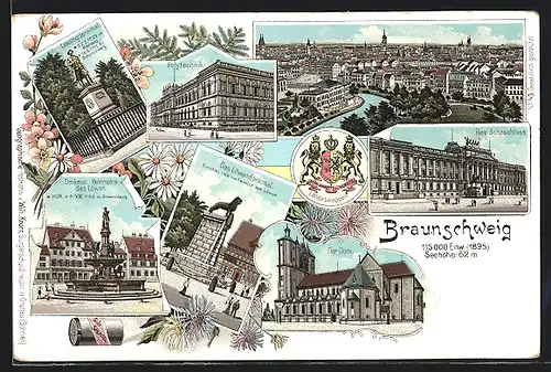 Lithographie Braunschweig, Polytechnikum, Dom, Löwendenkmal, Lessingdenkmal