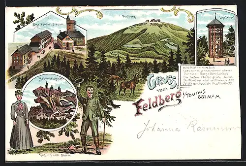 Lithographie Feldberg i. Taunus, Drei Feldberghäuser, Brunhildisfelsen, Lipstempel