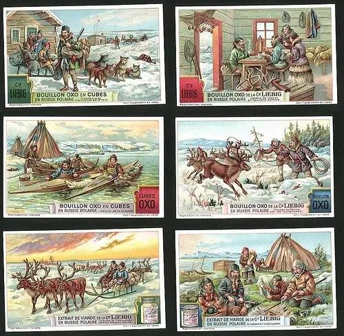 6 Sammelbilder Liebig, Serie Nr.: 1218, En Russie Polaire, Russen, Lappen, Schlittenhunde, Rentier