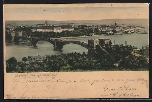 AK Coblenz, Flusspartie mit Rheinbrücke