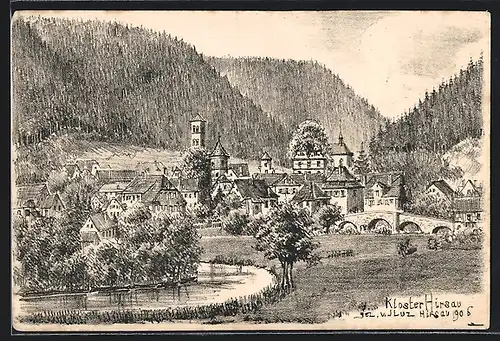 Künstler-AK Hirsau, Ortsansicht mit Bergen und Fluss