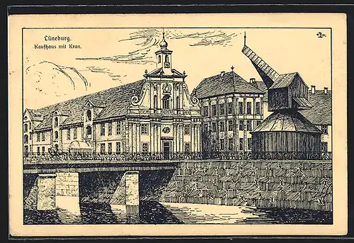 Künstler-AK Lüneburg, Kaufhaus mit Kran und Brücke, Flusspartie