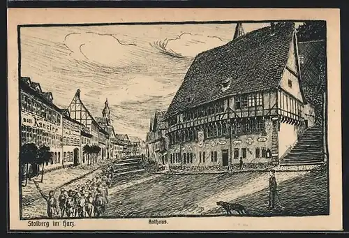 Künstler-AK Stolberg / Harz, Passanten am Rathaus