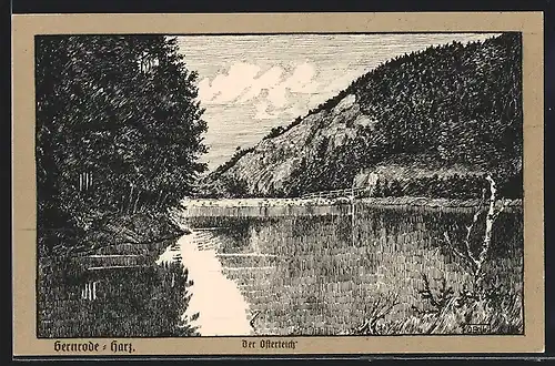 Künstler-AK Gernrode /Harz, der Osterteich mit Berg