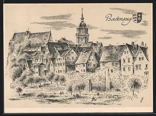 Künstler-AK Backnang /Baden Württemberg, Teilansicht mit Kirche