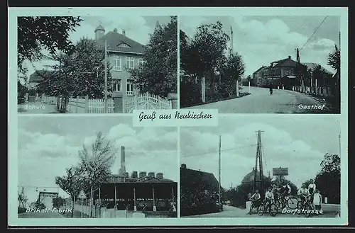 AK Neukirchen, Gasthof mit Strasse, Brikett-Fabrik, Strassenpartie mit Radfahrer-Gruppe
