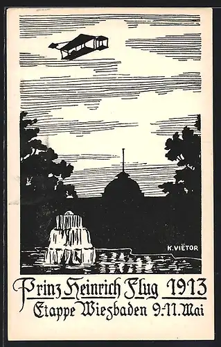 Künstler-AK Wiesbaden, Prinz Heinrich Flug 1913, Etappe Wiesbaden - Flugzeug über Kuppelbau, Scherenschnitt