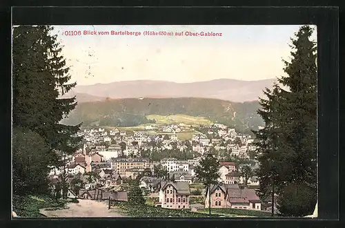 AK Gablonz / Jablonec Nad Nisou, Blick vom Bartelberge auf Ober-Gablonz, Sommer