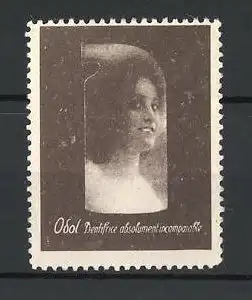 Reklamemarke Odol Mundwasser, Frauenportrait in einer Flasche