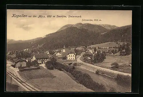 AK Kapellen an der Mürz, Ortsansicht mit Bahnhof von oben