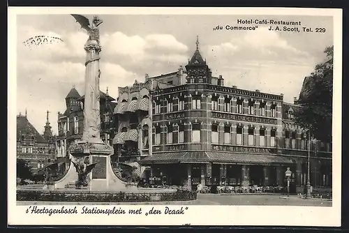 AK s`Hertogenbosch, Stationsplein met den Draak, Hotel-Cafe-Restaurant du Commerce