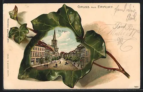 Passepartout-Lithographie Erfurt, Partie am Anger mit Kirche, Efeublatt