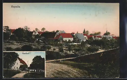 AK Heynitz, Gasthof, Ortsansicht mit Landstrasse aus der Vogelschau