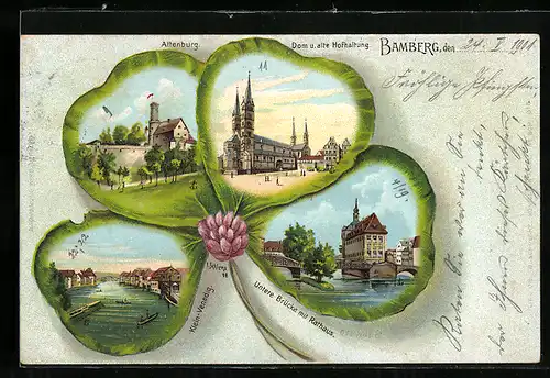 Passepartout-Lithographie Bamberg, Dom & alte Hofhaltung im Kleeblatt