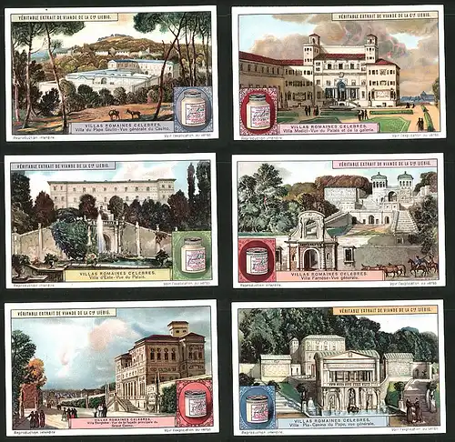 6 Sammelbilder Liebig, Serie Nr.: 1153, Villas Romaines Celebres, Villa Pia, Villa Borghese, Villa Farnese, Villa d'Este