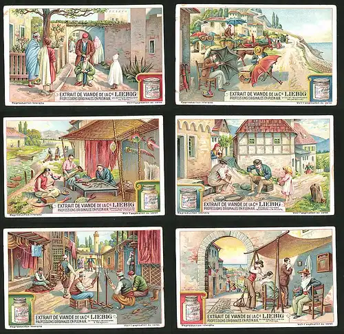 6 Sammelbilder Liebig, Serie Nr.: 1217, Handwerk, Zahnarzt, Friseur, Schuhmacher, Instrumentenbauer, Schirmmacher