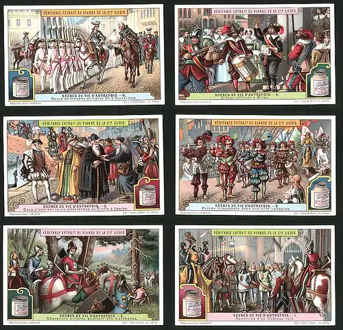 6 Sammelbilder Liebig, Serie Nr.: 1187, Scenes De Vie D'Autrefois, Feierlichkeiten in Versailles, Mailand, Venedig