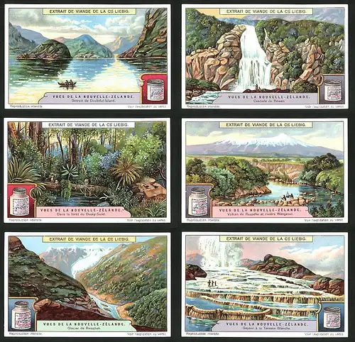 6 Sammelbilder Liebig, Serie Nr.: 1214, Vues de la Nouvelle-Zelande, Landschaften in Neuseeland