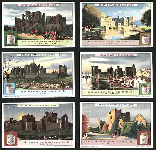 6 Sammelbilder Liebig, Serie Nr.: 1190, Chateaux Forts Anglais Du Moyen-Age, Schloss Raby, Peel, Ludlow, Carnarvon