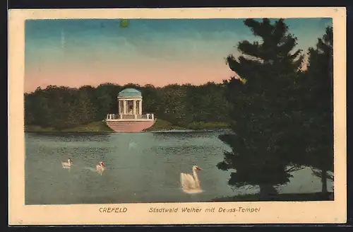 AK Crefeld, Stadtwald Weiher mit Deuss Tempel