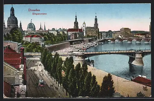 AK Dresden, Elbpanorama mit Strassenbahn
