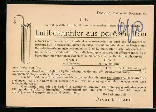 AK Dresden, Luftbefeuchter aus porösem Ton von Oscar Ruhland, Vitzthumstrasse 7