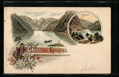 Lithographie Königsee, Obersee, Edelweiss