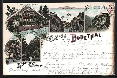 Lithographie Thale, Bodethal, Hotel Königsruhe, Teufelsbrücke und Rosstrappfelsen