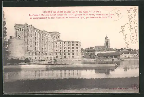 AK Nogent-sur-Seine, les Grands Moulins Sassot Fréres sur le bras gauche de la Seine