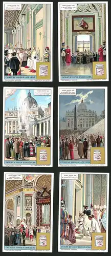 6 Sammelbilder Liebig, Serie Nr.: 1164, Année Sainte 1925, Gotteshaus, Gottesdienst, Papst, Schweizergarde, Gläubige