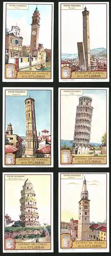 6 Sammelbilder Liebig, Serie Nr.: 1185, Tours Penchées, Venedig, Modena, Pisa, Saragossa, Bologna