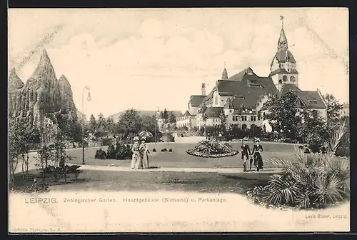 AK Leipzig, Zoologischer Garten, Hauptgebäude Südseite und Parkanlage