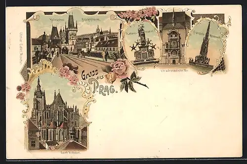 Lithographie Prag / Praha, Kleinseitner und Brückenthürme, Sanct Veitsdom