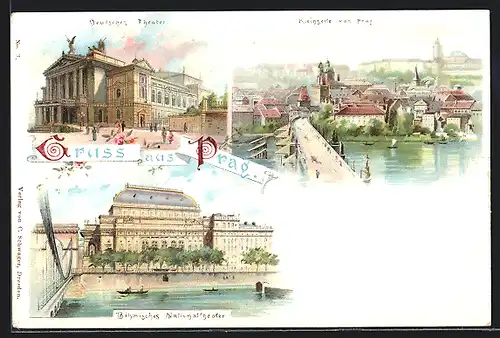 Lithographie Prag / Praha, Deutsches Theater, Böhmisches Nationaltheater, Kleinseite