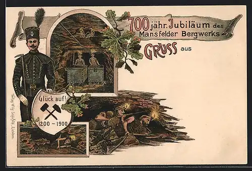 Lithographie Mansfeld, 700 jähr. Jubiläum des Mansfelder Bergwerks, Bergleute unter Tage